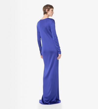 TOM FORD VISCOSE BRIGHT NAVY PLUNGE NECK FINE KNIT EVENING DRESS WITH HIGH FRONT