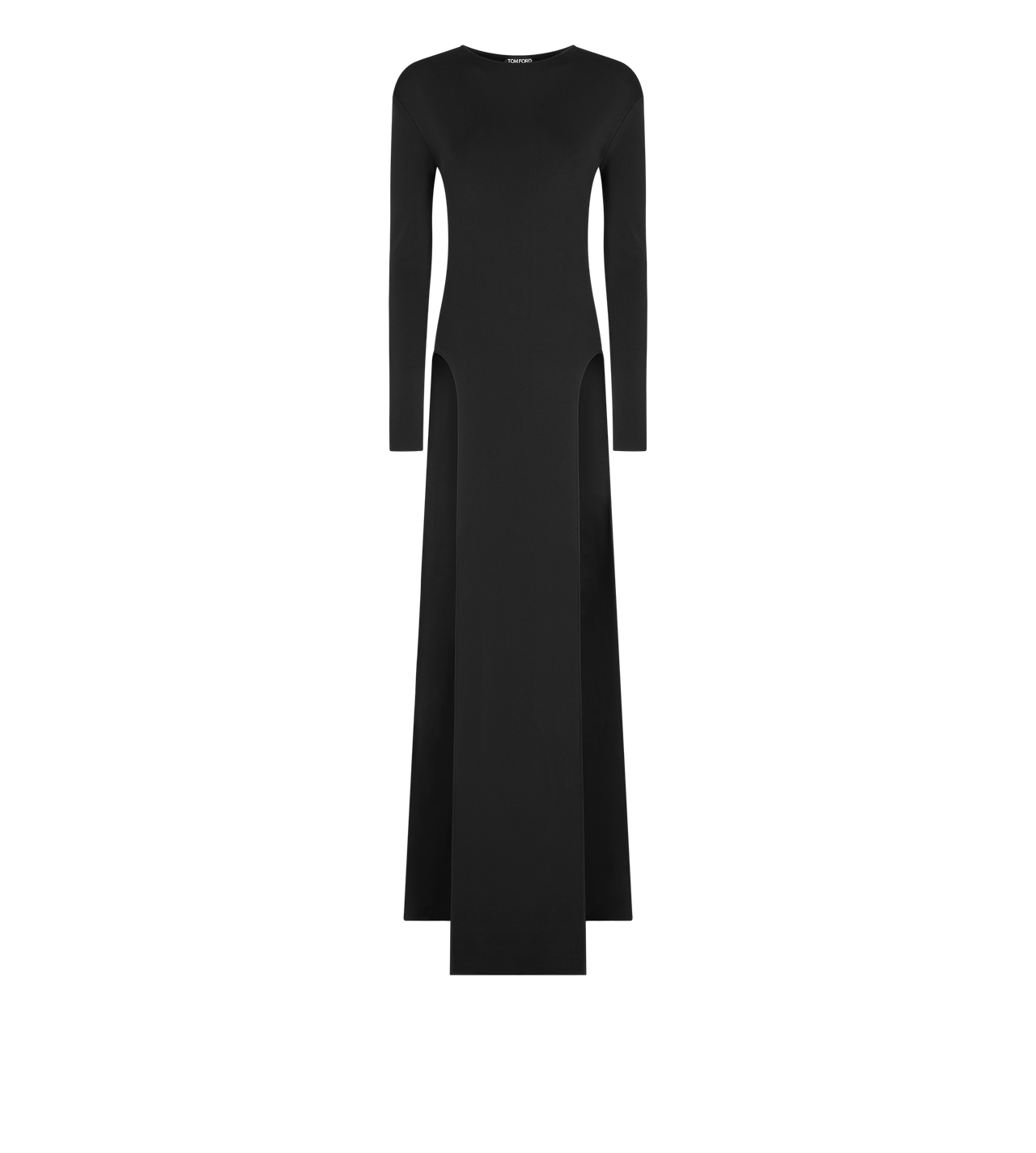 TOM FORD VISCOSE BLACK FINE KNIT CREWNECK EVENING DRESS WITH HIGH LEG SIDE SLASHES