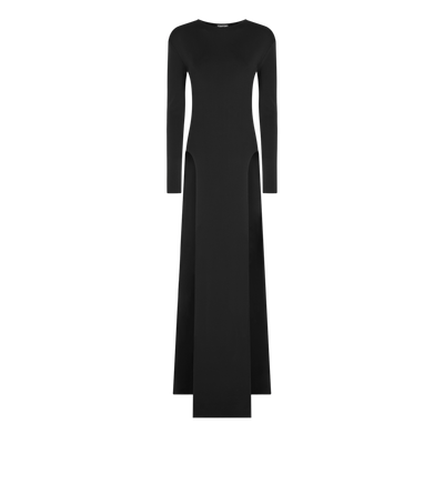 TOM FORD VISCOSE BLACK FINE KNIT CREWNECK EVENING DRESS WITH HIGH LEG SIDE SLASHES