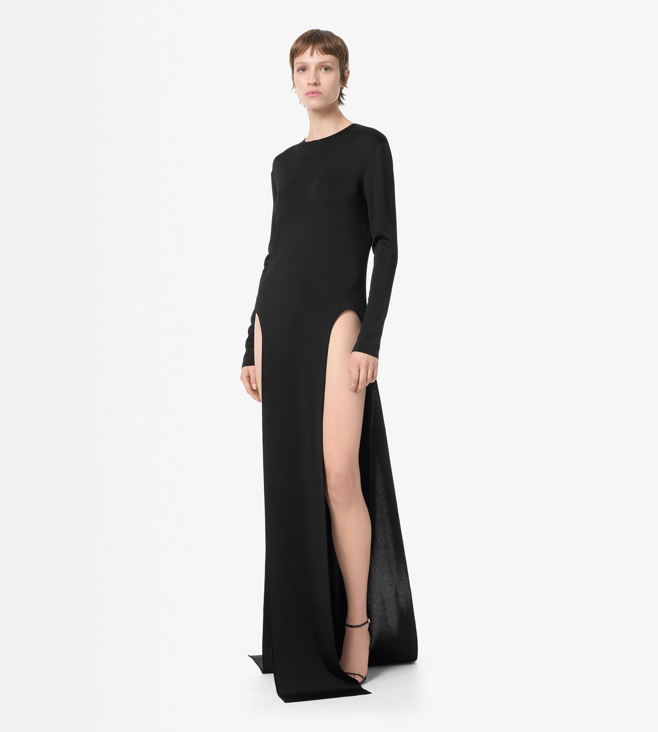 TOM FORD VISCOSE BLACK FINE KNIT CREWNECK EVENING DRESS WITH HIGH LEG SIDE SLASHES