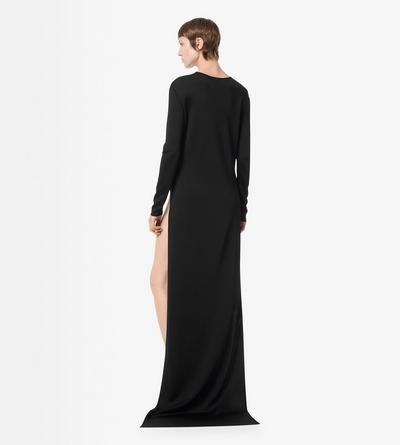 TOM FORD VISCOSE BLACK FINE KNIT CREWNECK EVENING DRESS WITH HIGH LEG SIDE SLASHES