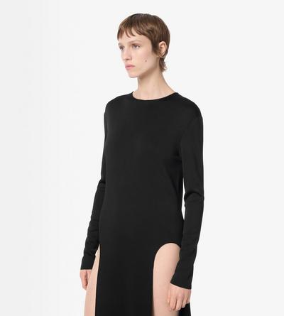TOM FORD VISCOSE BLACK FINE KNIT CREWNECK EVENING DRESS WITH HIGH LEG SIDE SLASHES