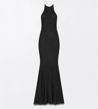 TOM FORD VISCOSE BLEND BLACK COMPACT LUREX VISCOSE RIB WITH MICRO SEQUINS HALTERNECK MAXI DRESS