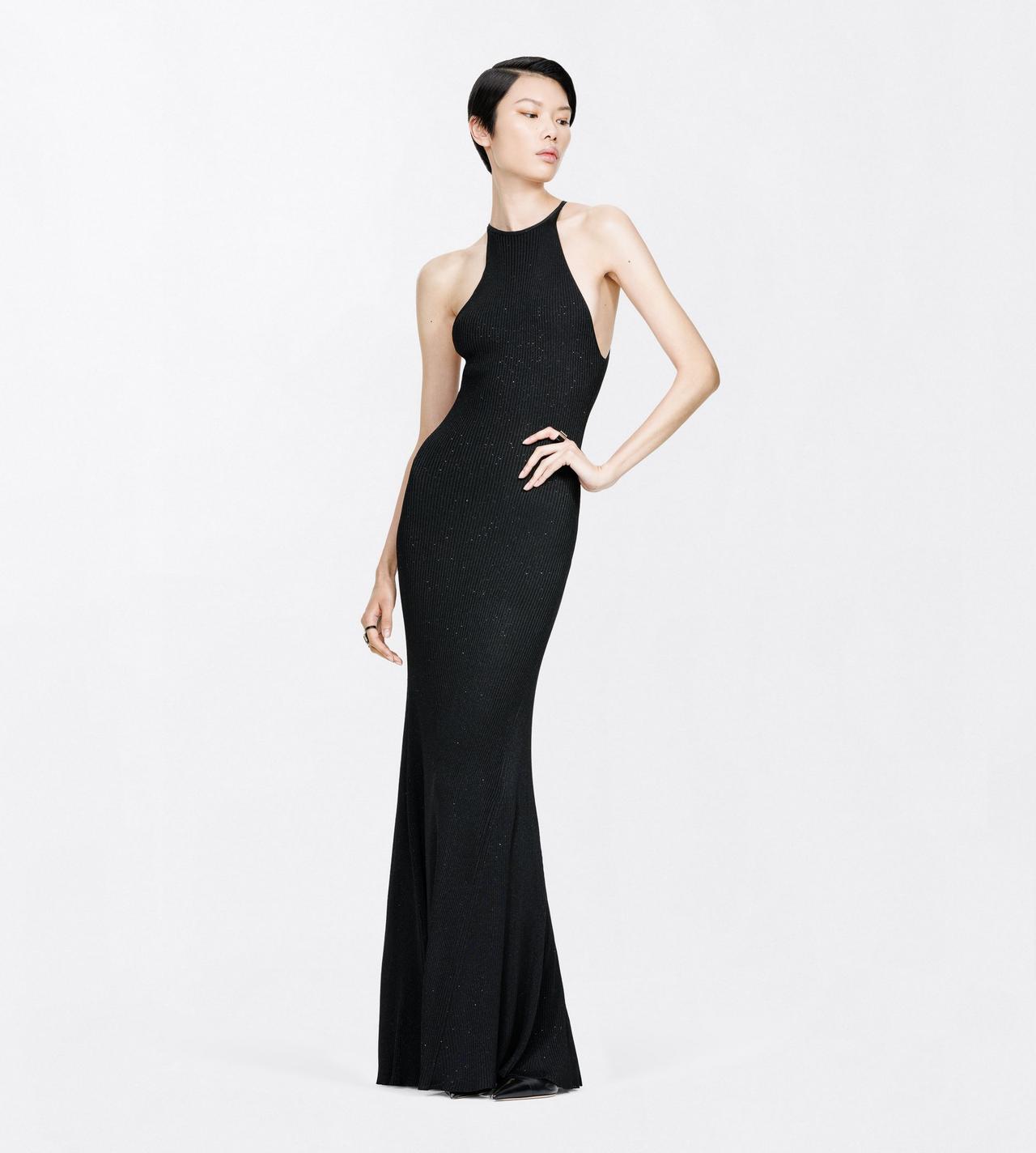 TOM FORD VISCOSE BLEND BLACK COMPACT LUREX VISCOSE RIB WITH MICRO SEQUINS HALTERNECK MAXI DRESS