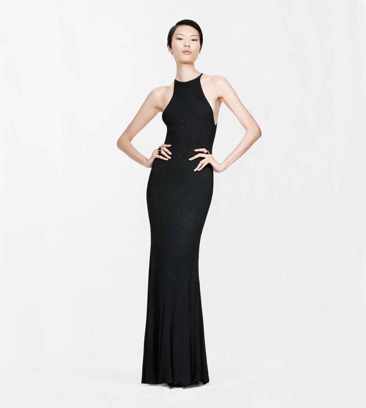 TOM FORD VISCOSE BLEND BLACK COMPACT LUREX VISCOSE RIB WITH MICRO SEQUINS HALTERNECK MAXI DRESS