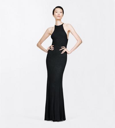 TOM FORD VISCOSE BLEND BLACK COMPACT LUREX VISCOSE RIB WITH MICRO SEQUINS HALTERNECK MAXI DRESS