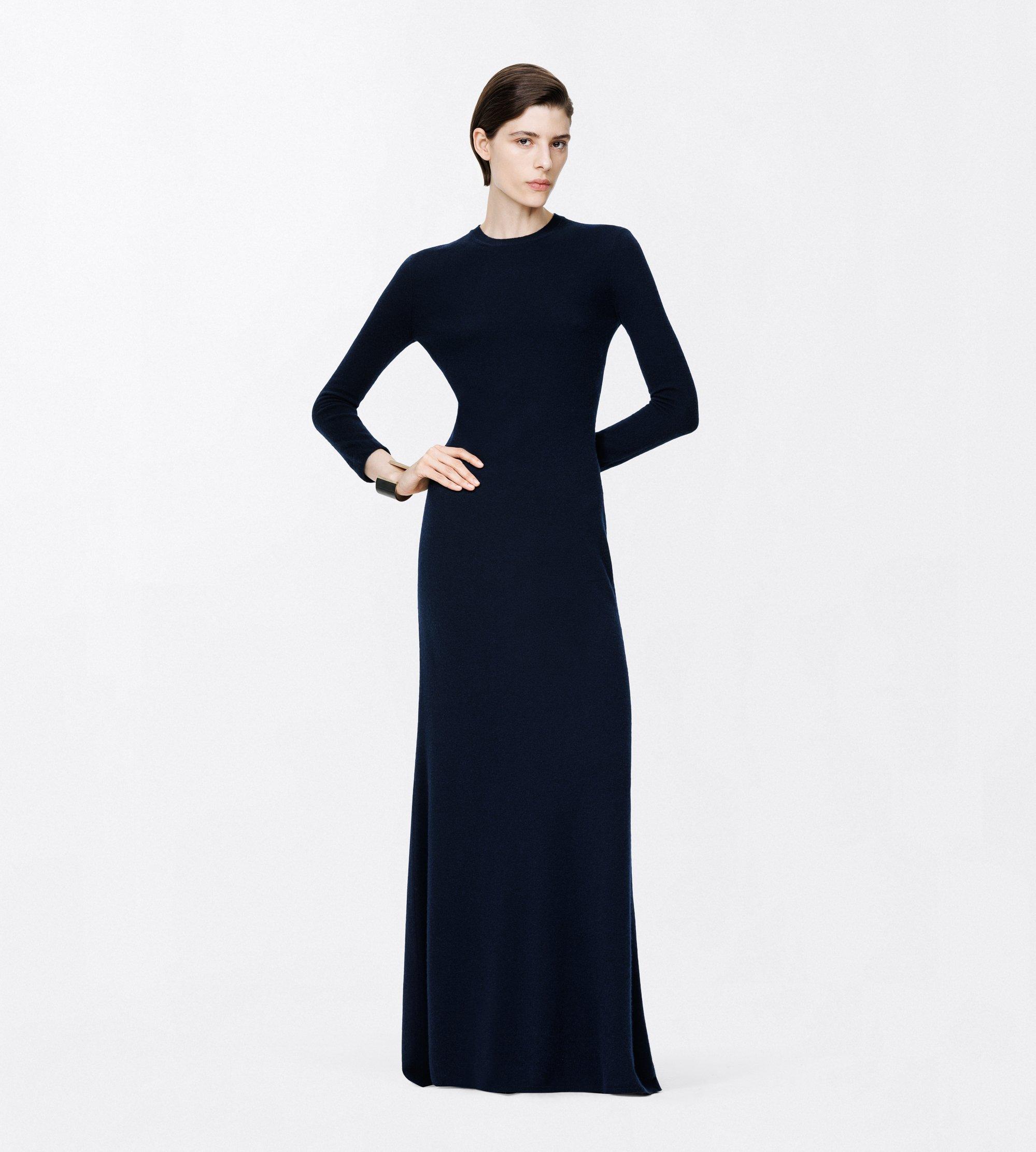 FEATHERWEIGHT LONG SLEEVE CREWNECK DRESS WITH SHEER BACK