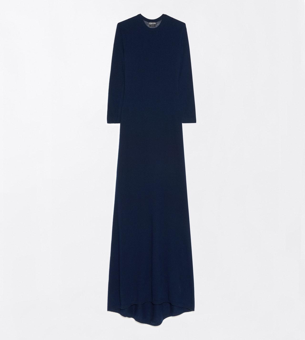 TOM FORD CASHMERE BLEND DARK NAVY FEATHERWEIGHT LONG SLEEVE CREWNECK DRESS WITH SHEER BACK