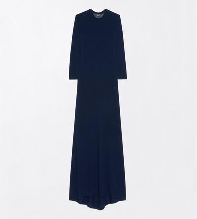 TOM FORD CASHMERE BLEND DARK NAVY FEATHERWEIGHT LONG SLEEVE CREWNECK DRESS WITH SHEER BACK