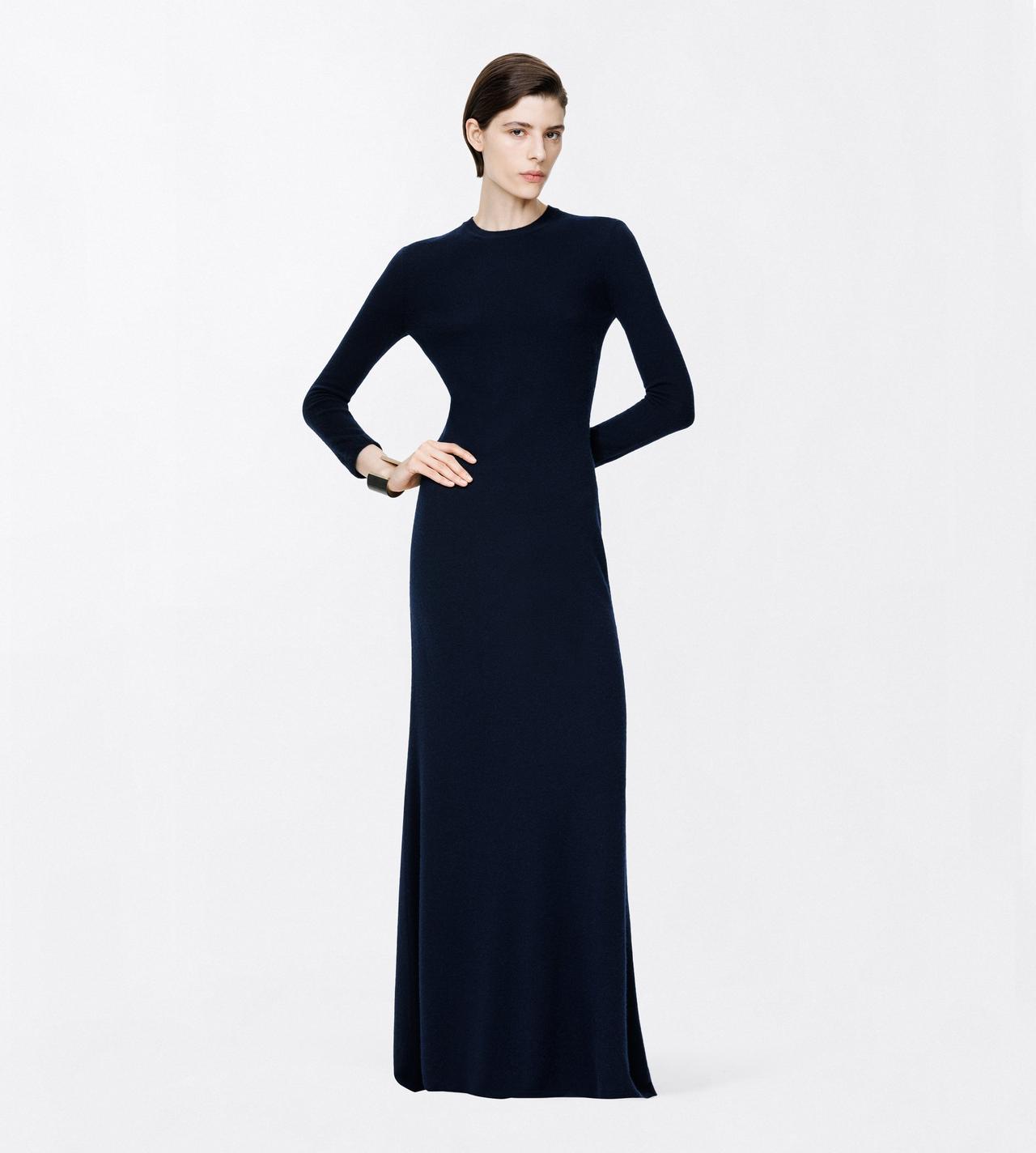 TOM FORD CASHMERE BLEND DARK NAVY FEATHERWEIGHT LONG SLEEVE CREWNECK DRESS WITH SHEER BACK