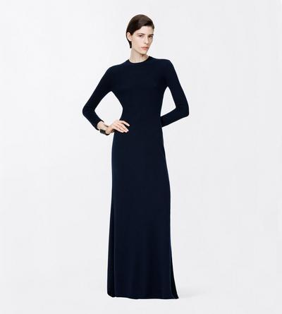 TOM FORD CASHMERE BLEND DARK NAVY FEATHERWEIGHT LONG SLEEVE CREWNECK DRESS WITH SHEER BACK