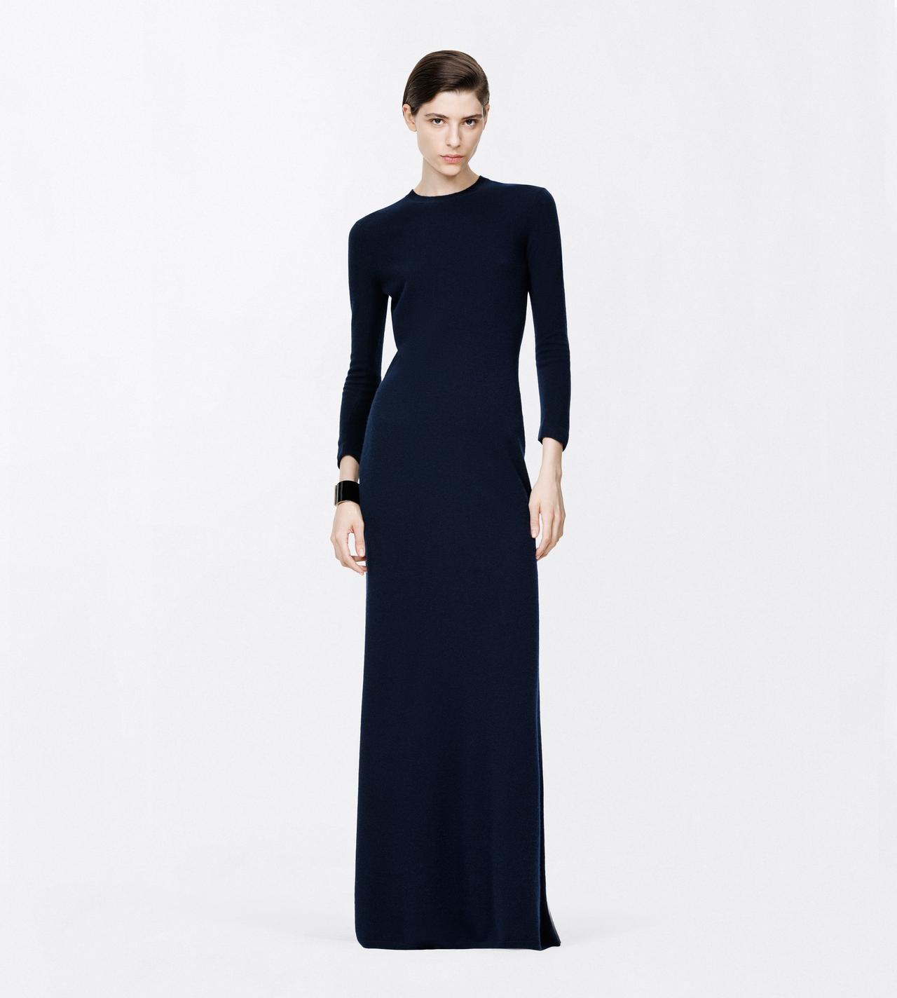 TOM FORD CASHMERE BLEND DARK NAVY FEATHERWEIGHT LONG SLEEVE CREWNECK DRESS WITH SHEER BACK