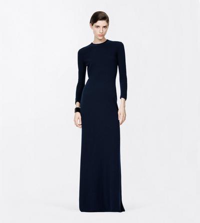 TOM FORD CASHMERE BLEND DARK NAVY FEATHERWEIGHT LONG SLEEVE CREWNECK DRESS WITH SHEER BACK