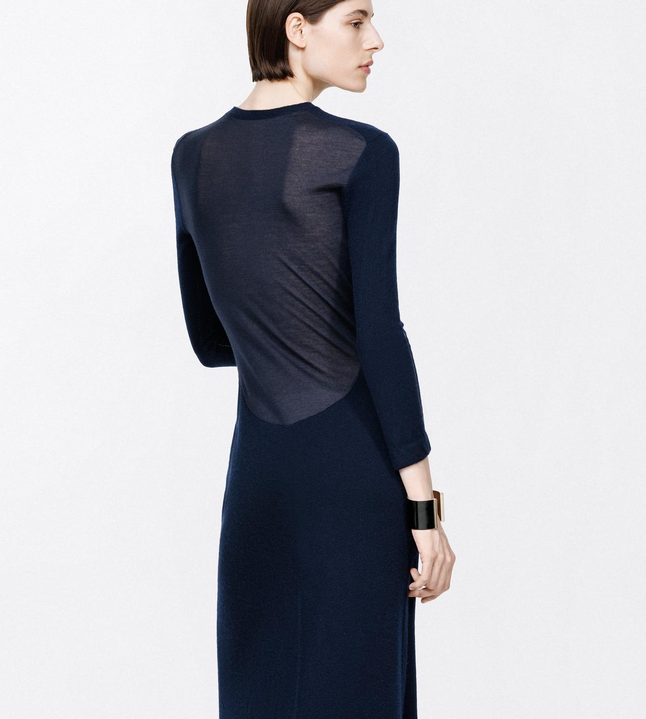 FEATHERWEIGHT LONG SLEEVE CREWNECK DRESS WITH SHEER BACK | TOM