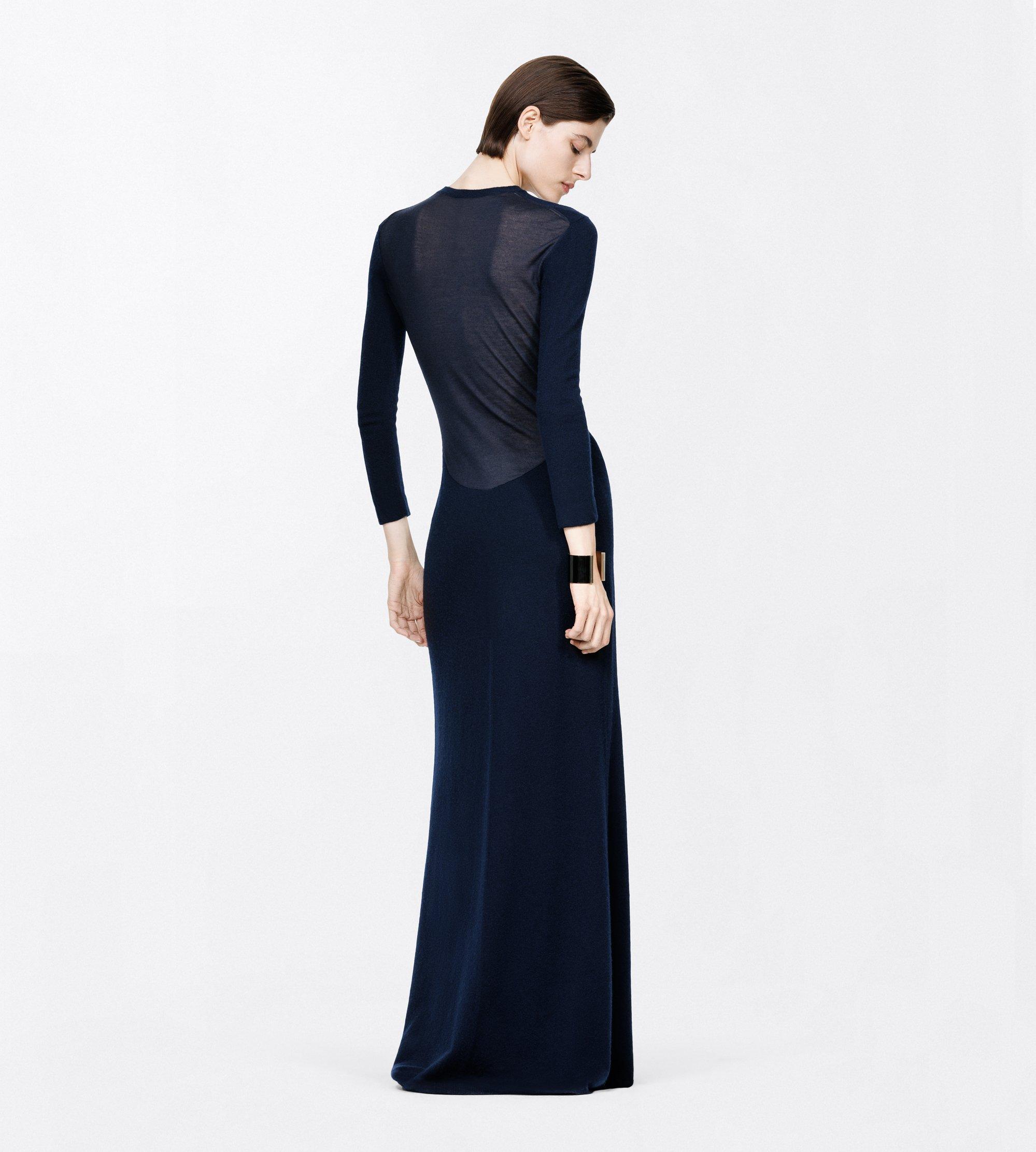 FEATHERWEIGHT LONG SLEEVE CREWNECK DRESS WITH SHEER BACK | TOM