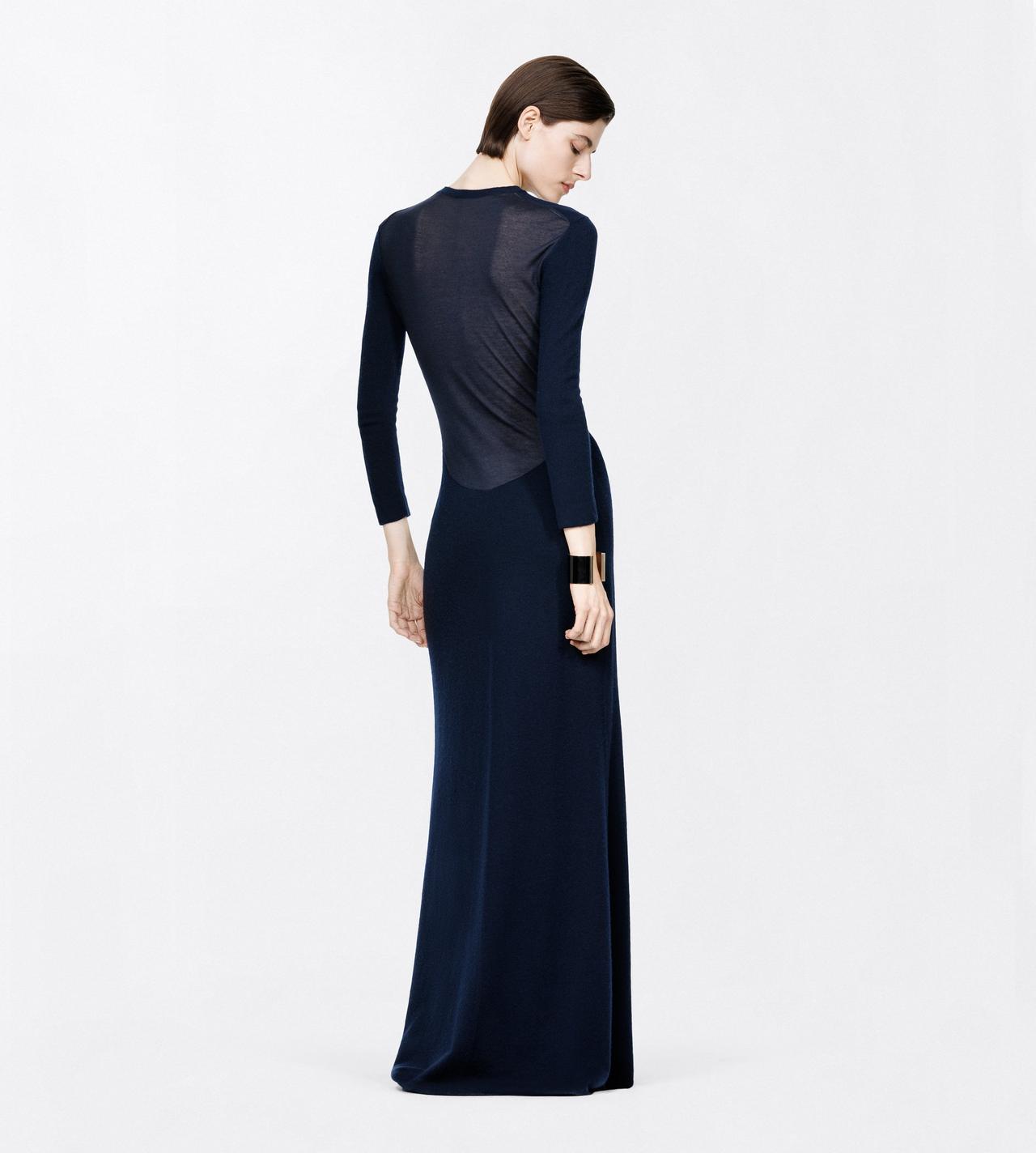 TOM FORD CASHMERE BLEND DARK NAVY FEATHERWEIGHT LONG SLEEVE CREWNECK DRESS WITH SHEER BACK