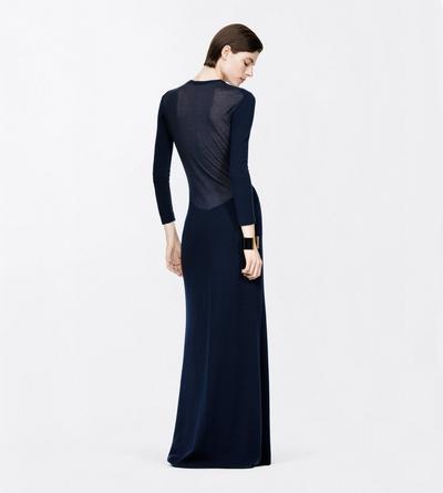 TOM FORD CASHMERE BLEND DARK NAVY FEATHERWEIGHT LONG SLEEVE CREWNECK DRESS WITH SHEER BACK