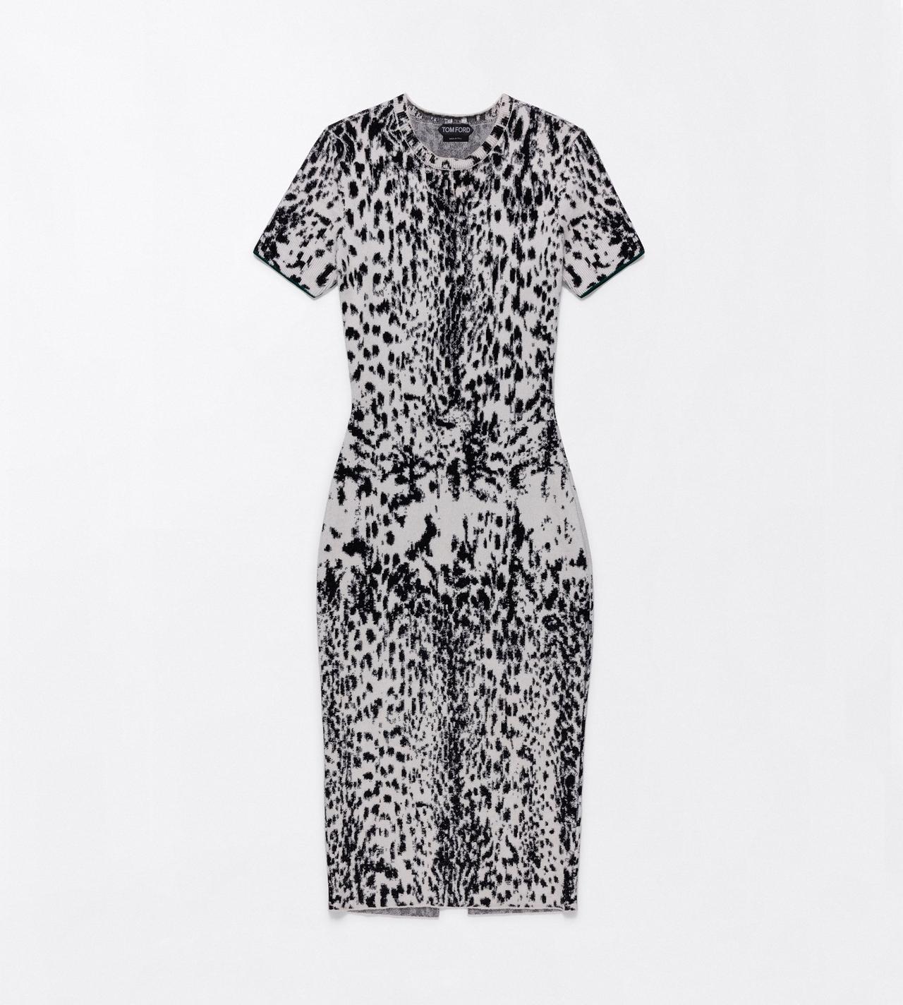 TOM FORD VELVET WHITE&BLACK + GREEN LYNX JACQUARD VELVET SHORT SLEEVE MID-LENGTH DRESS
