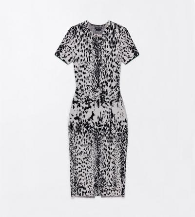 TOM FORD VELVET WHITE&BLACK + GREEN LYNX JACQUARD VELVET SHORT SLEEVE MID-LENGTH DRESS