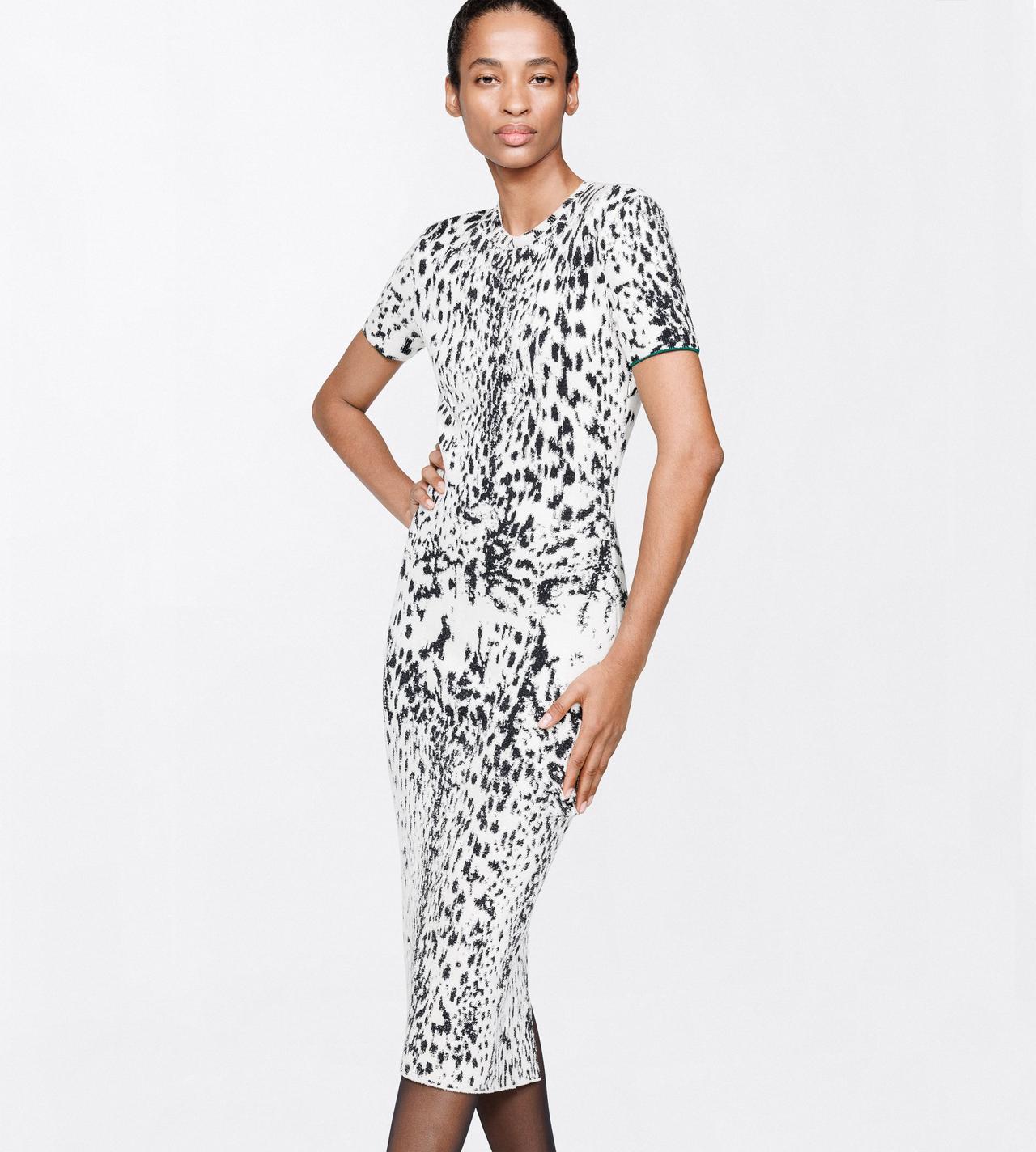 TOM FORD VELVET WHITE&BLACK + GREEN LYNX JACQUARD VELVET SHORT SLEEVE MID-LENGTH DRESS