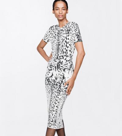 TOM FORD VELVET WHITE&BLACK + GREEN LYNX JACQUARD VELVET SHORT SLEEVE MID-LENGTH DRESS