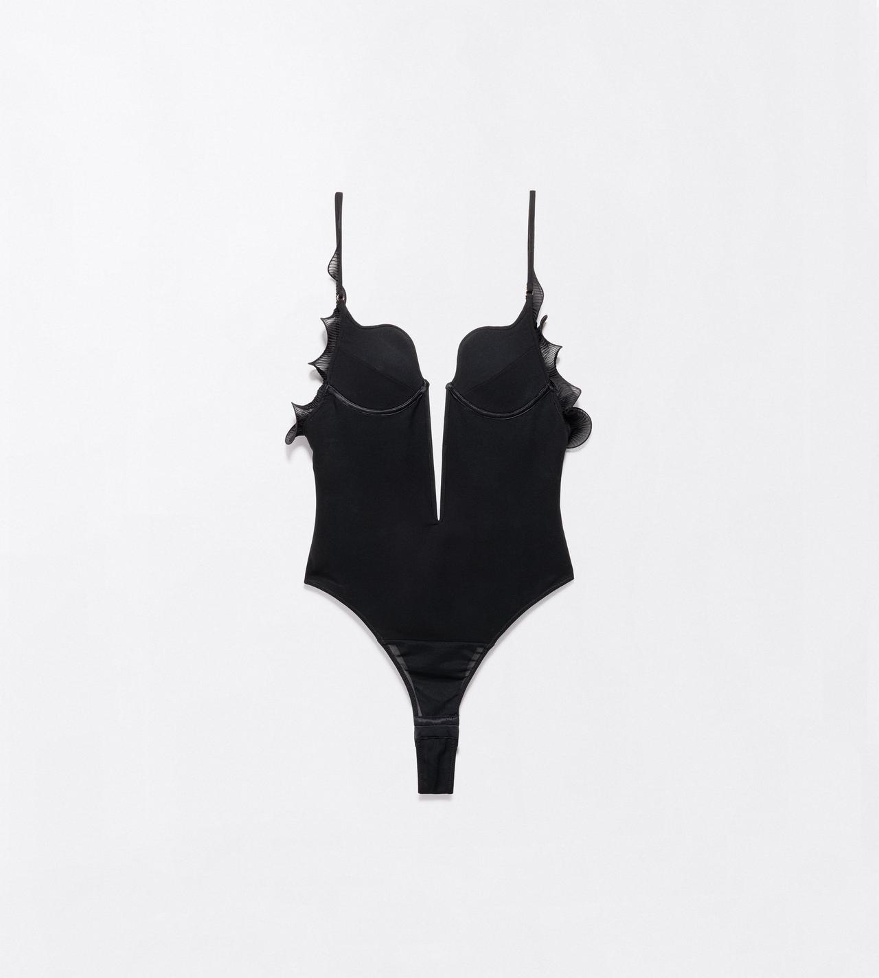 TOM FORD SILK BLACK SILK CREPE STRUCTURED GRAPHIC BODYSUIT WITH RUFFLE DETAILS