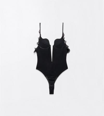 TOM FORD SILK BLACK SILK CREPE STRUCTURED GRAPHIC BODYSUIT WITH RUFFLE DETAILS