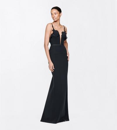 TOM FORD SILK BLACK SILK CREPE STRUCTURED GRAPHIC BODYSUIT WITH RUFFLE DETAILS