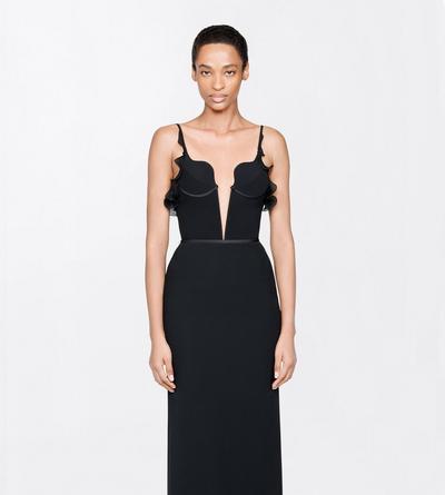 TOM FORD SILK BLACK SILK CREPE STRUCTURED GRAPHIC BODYSUIT WITH RUFFLE DETAILS