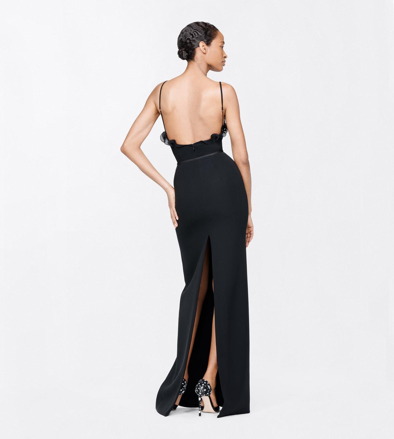 TOM FORD SILK BLACK SILK CREPE STRUCTURED GRAPHIC BODYSUIT WITH RUFFLE DETAILS