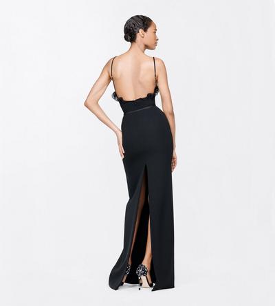 TOM FORD SILK BLACK SILK CREPE STRUCTURED GRAPHIC BODYSUIT WITH RUFFLE DETAILS
