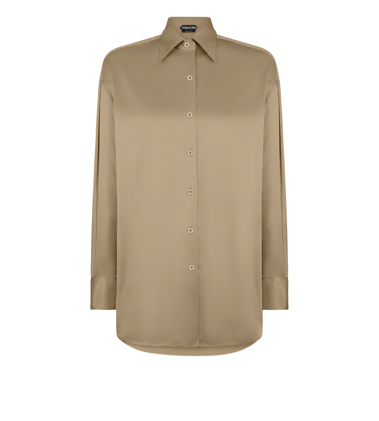 TOM FORD SATIN DUSTY OLIVE STRETCH SILK SATIN RELAXED FIT SHIRT