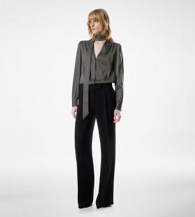 LONG SLEEVE V-NECK LAVALLIERE SILK BLOUSE image number 2