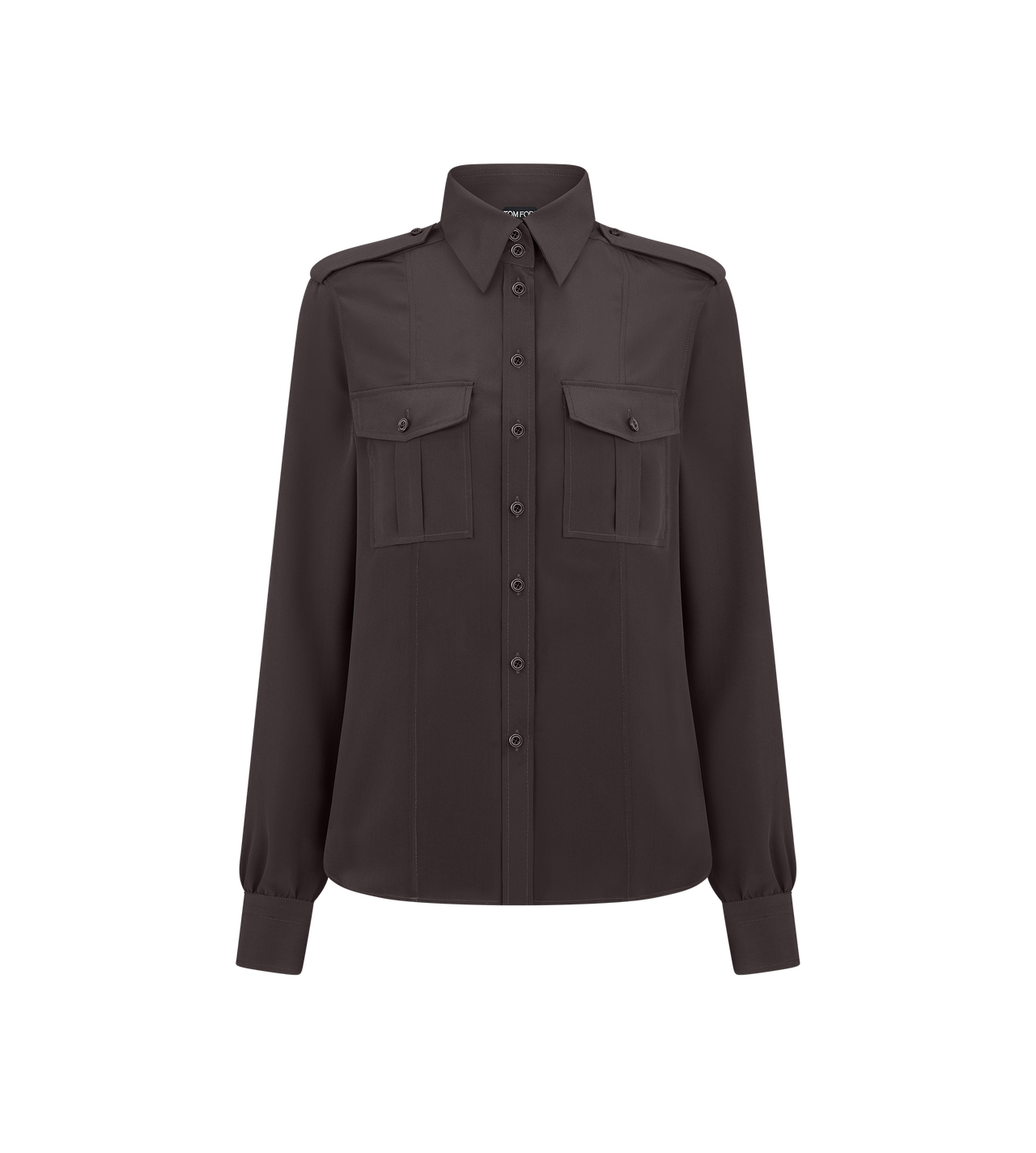 TOM FORD SILK DARK CHOCOLATE MILITARY SHIRT WITH FRONT POCKETS