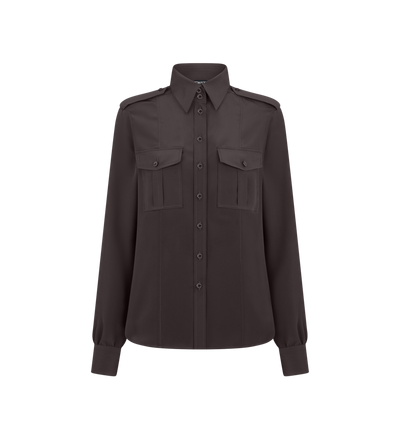 TOM FORD SILK DARK CHOCOLATE MILITARY SHIRT WITH FRONT POCKETS