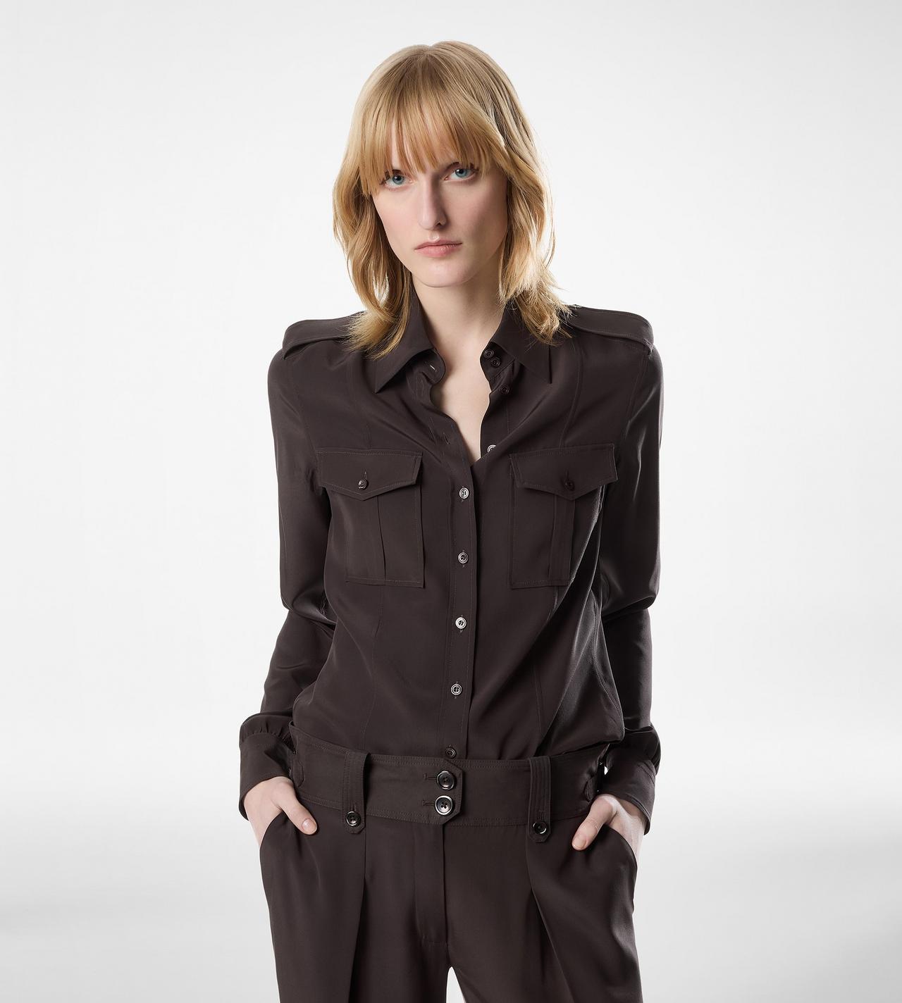 TOM FORD SILK DARK CHOCOLATE MILITARY SHIRT WITH FRONT POCKETS