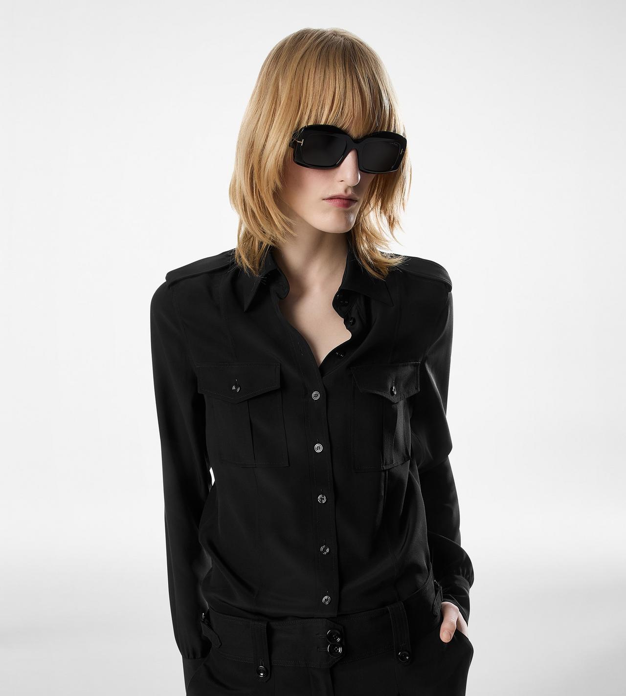 TOM FORD SILK BLACK MILITARY SHIRT WITH FRONT POCKETS