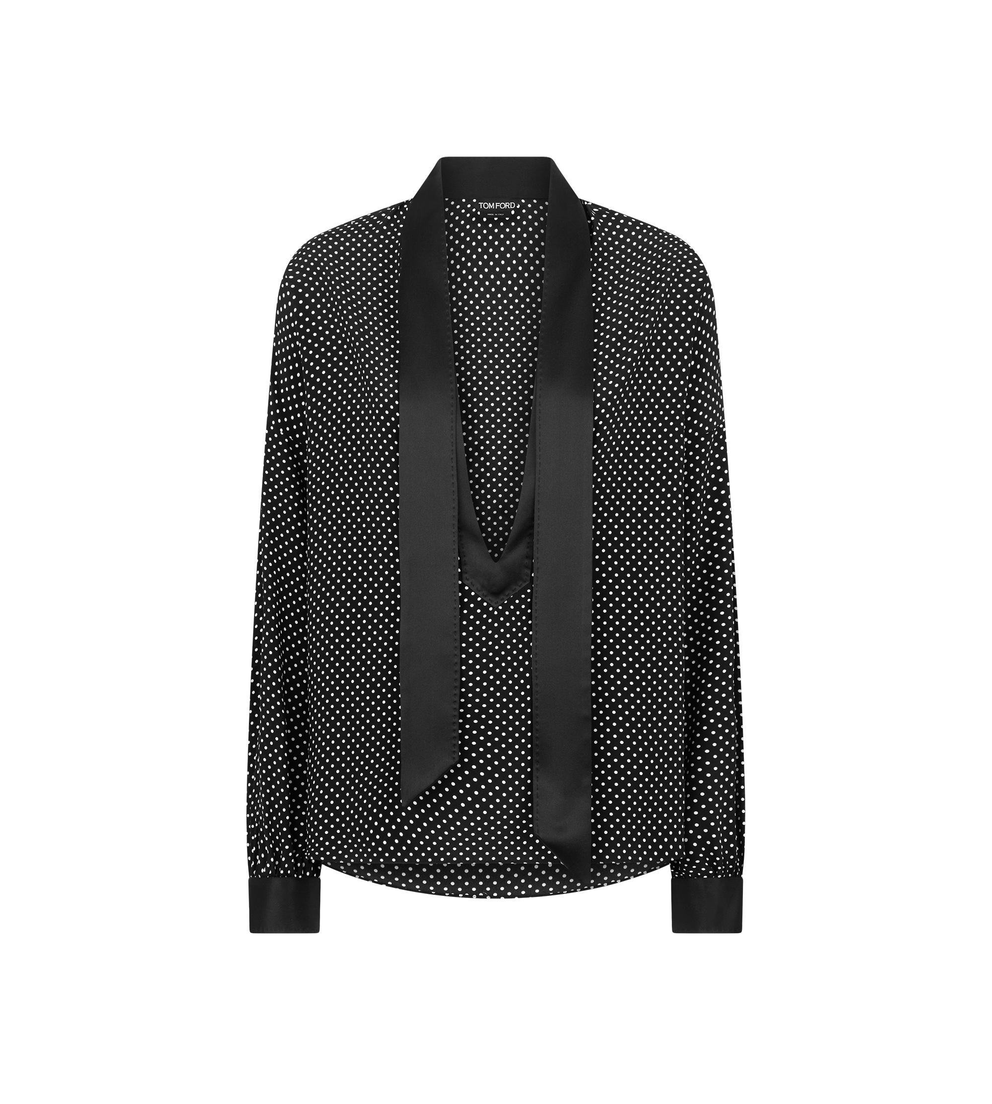 POLKA DOT SILK CREPE DE CHINE LAVALLIERE TUNIC TOP WITH TUXEDO DETAILS