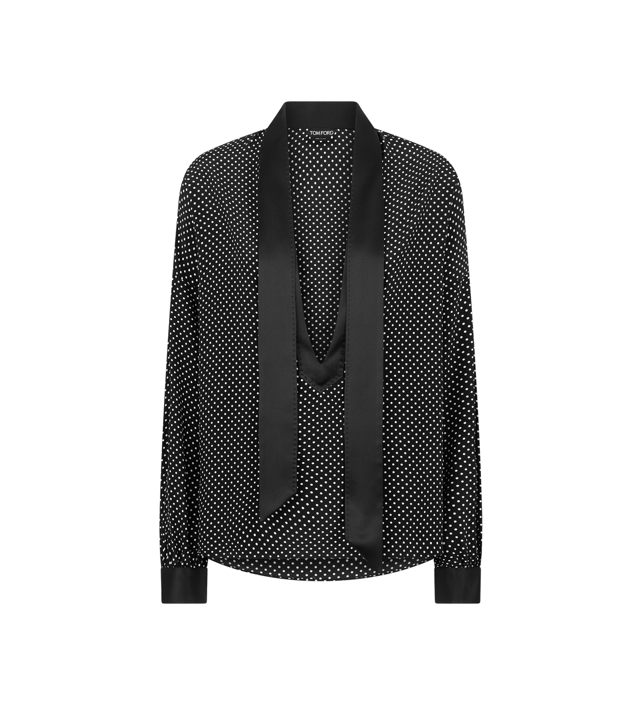 POLKA DOT SILK CREPE DE CHINE LAVALLIERE TUNIC TOP WITH TUXEDO DETAILS image number 0