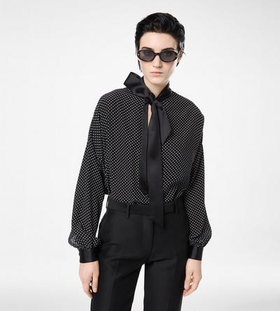 POLKA DOT SILK CREPE DE CHINE LAVALLIERE TUNIC TOP WITH TUXEDO DETAILS image number 3