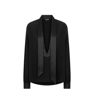 WASHED SILK GEORGETTE LAVALLIERE TUNIC TOP WITH TUXEDO DETAILS