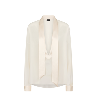 SILK CREPE DE CHINE LAVALLIERE TUNIC TOP WITH TUXEDO DETAILS