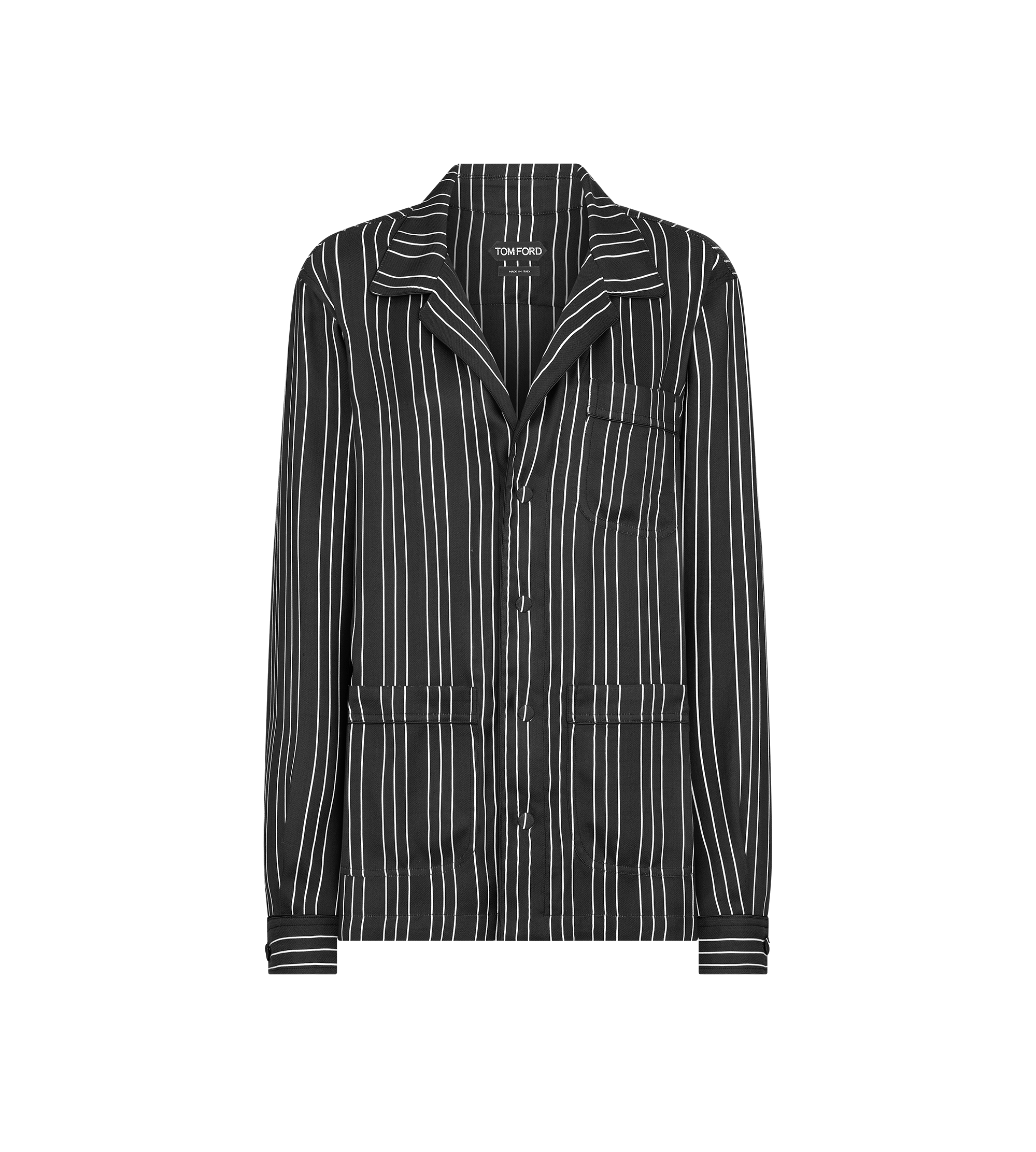 STRIPED SILK PJ SHIRT WITH PIPING AND TONAL TF EMBROIDERED LOGO