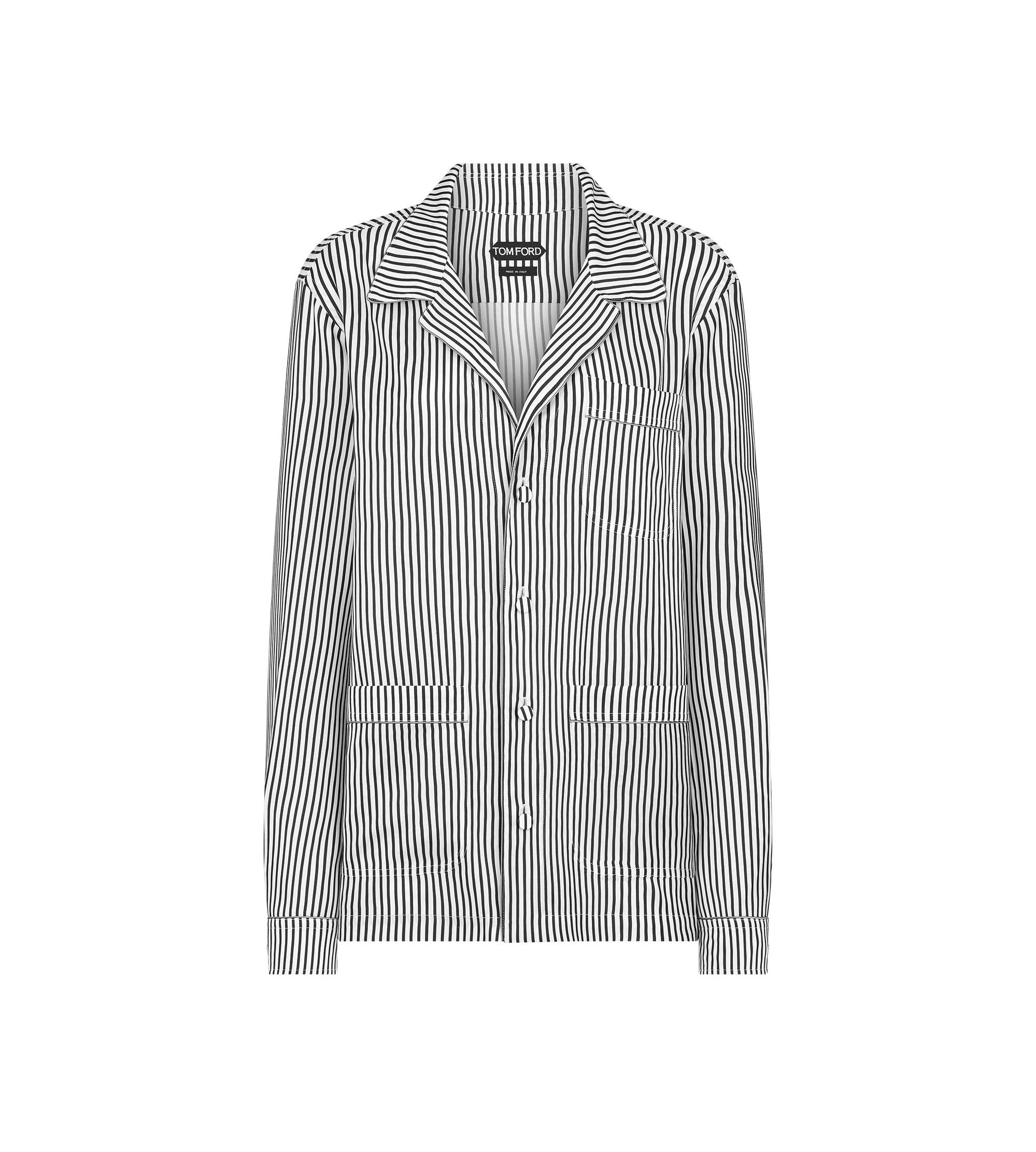 STRIPED SILK PJ SHIRT WITH PIPING AND TONAL TF EMBROIDERED LOGO