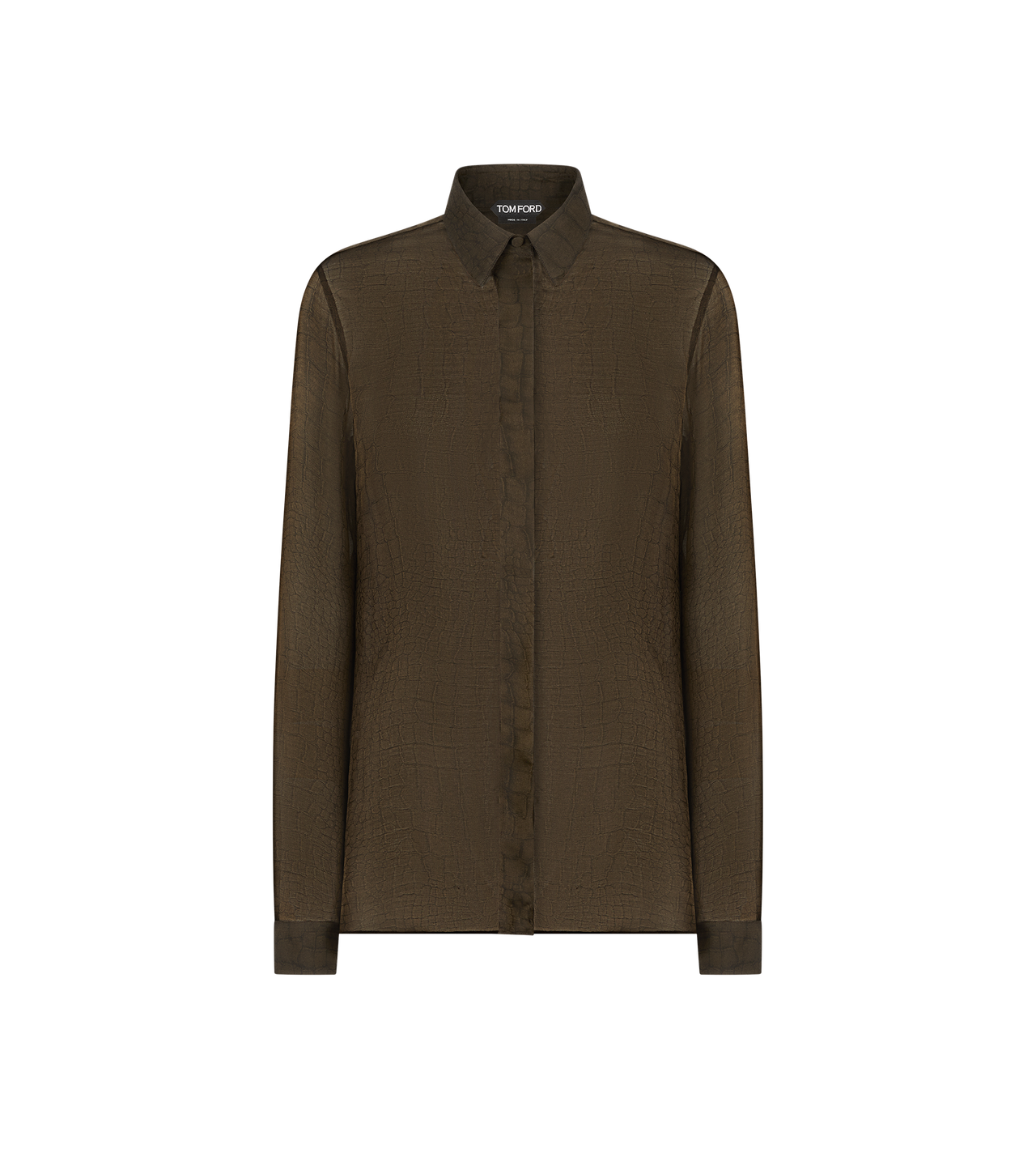 TOM FORD SILK DARK COGNAC SILK CROCO CHIFFON SHIRT WITH TONAL TF EMBROIDERED LOGO