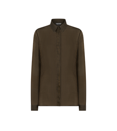 TOM FORD SILK DARK COGNAC SILK CROCO CHIFFON SHIRT WITH TONAL TF EMBROIDERED LOGO