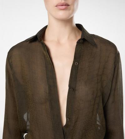 TOM FORD SILK DARK COGNAC SILK CROCO CHIFFON SHIRT WITH TONAL TF EMBROIDERED LOGO