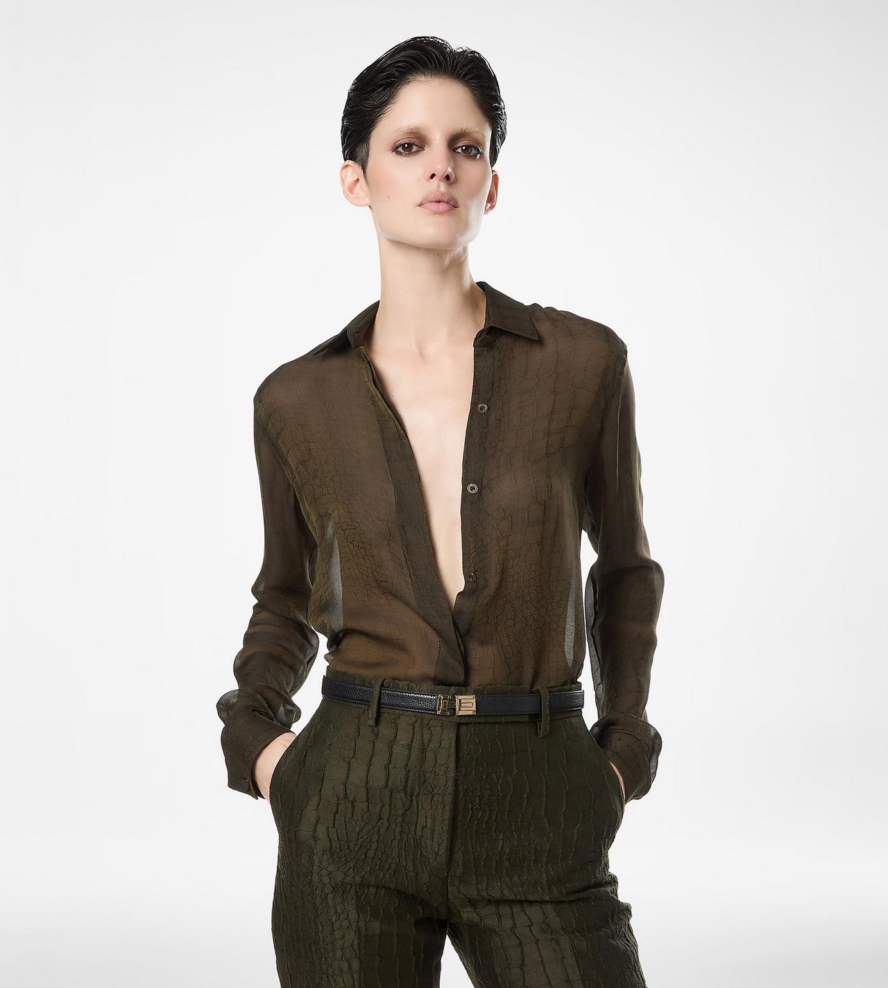 TOM FORD SILK DARK COGNAC SILK CROCO CHIFFON SHIRT WITH TONAL TF EMBROIDERED LOGO