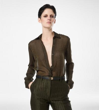 TOM FORD SILK DARK COGNAC SILK CROCO CHIFFON SHIRT WITH TONAL TF EMBROIDERED LOGO