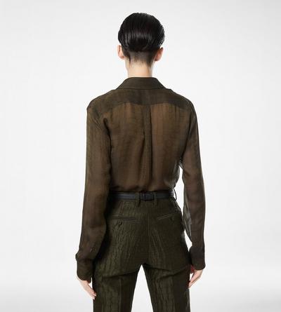 TOM FORD SILK DARK COGNAC SILK CROCO CHIFFON SHIRT WITH TONAL TF EMBROIDERED LOGO